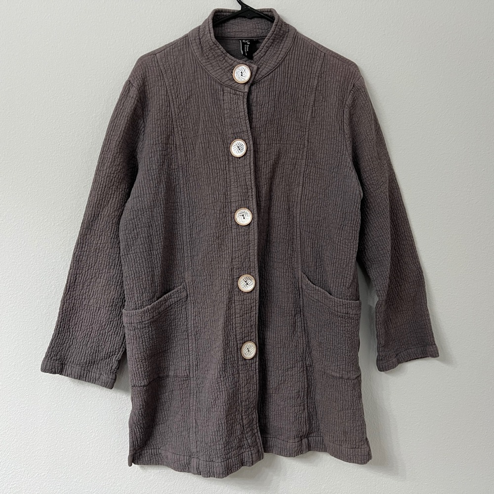 Focus Casual Life Womens M Gray Textured Cotton Jacket Lagenlook Artsy Buttons